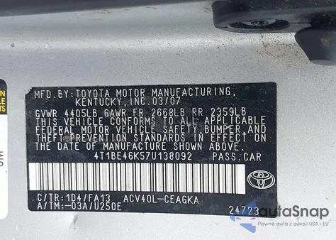2007 Toyota Camry Xle from USA, damaged, VIN 4T1BE46K57U138092